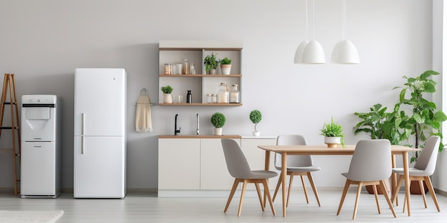 Un nouvel appartement moderne, une rénovation moderne, des meubles blancs avec des plats, des étagères avec des plats.