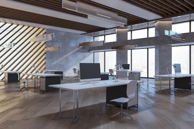 Nouvel intérieur de bureau de coworking en béton et en bois avec mobilier et équipement rendu 3D