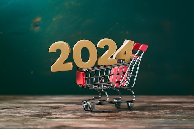 Photo nouvelle année 2024 dans le concept de shopping en ligne du chariot d'achat