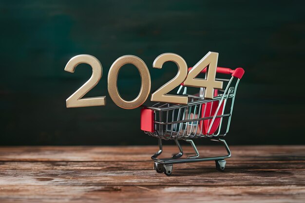 Photo nouvelle année 2024 dans le concept de shopping en ligne du chariot d'achat