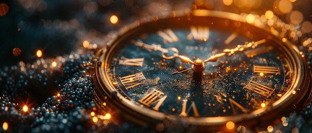 La nouvelle année en 2024 Une horloge à minuit et des feux d'artifice dorés Heure de minuit Abstrait Arrière-plan défocalisé