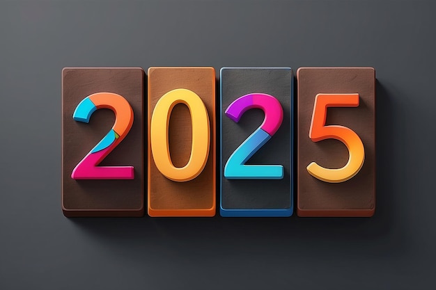 Photo la nouvelle année 2025 charge le bloc 2025 brun foncé avec une barre de téléchargement colorée sur fond gris