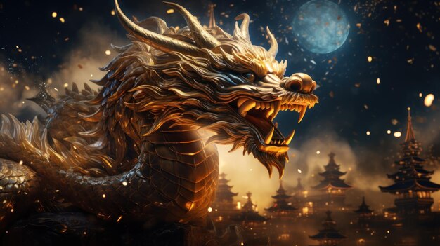 La nouvelle année chinoise 2024, l'année du dragon, le symbole du zodiaque chinois sur un fond fantastique dramatique.