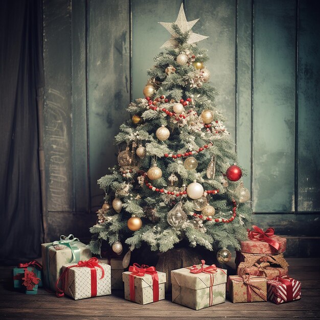 Nouvelle année fête arbre de Noël beaux cadeaux et lumières boule de Noël décoration heureuse