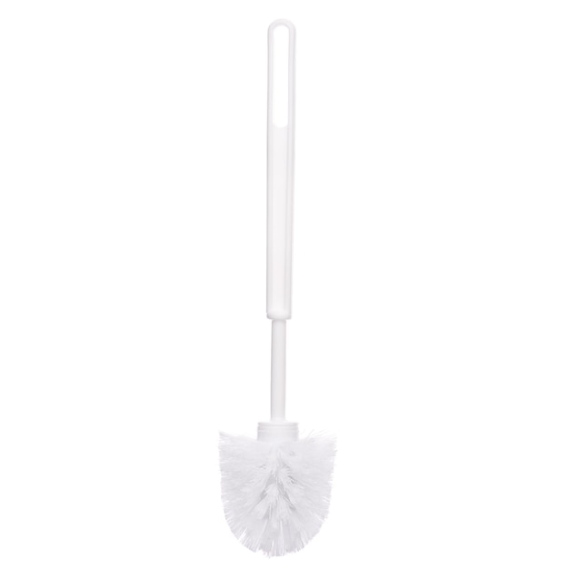 Nouvelle brosse WC en plastique blanc isolé sur fond blanc