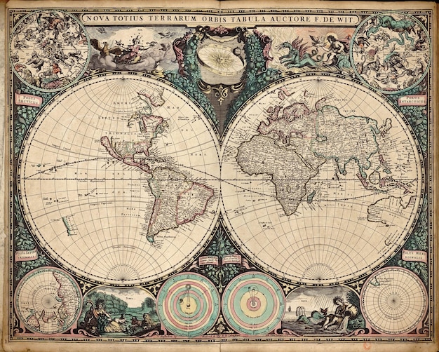 Photo nouvelle carte du monde à la lumière de l'auteur publié en 1665 frederik de wit
