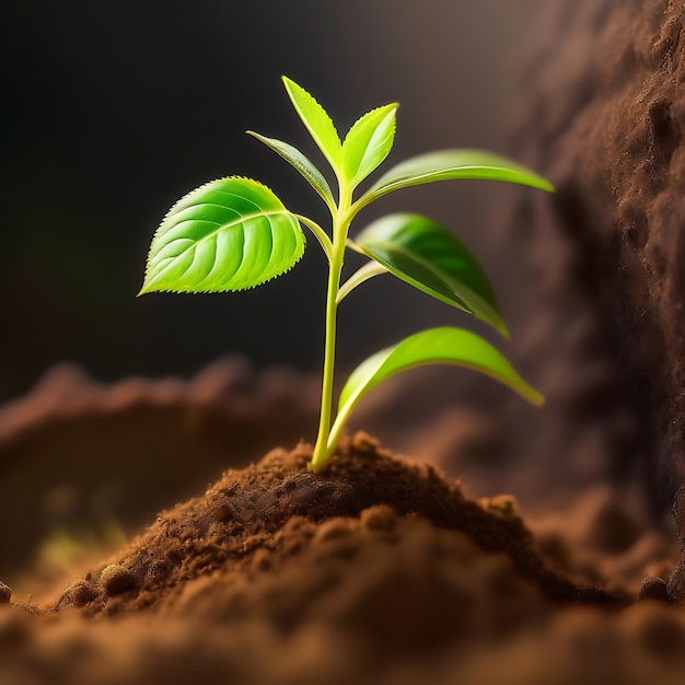 Nouvelle croissance des semis plantes de printemps bourgeons verts sol et saleté jardin gros plan nouveau départ frais Li