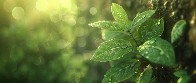 une nouvelle feuille sortant d'un mur avec une goutte de rosée et un rayon de soleil