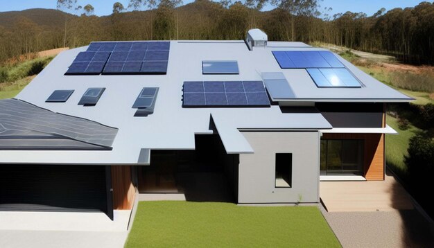 Nouvelle maison de banlieue avec un système photovoltaïque sur le toit maison passive moderne écologique avec si