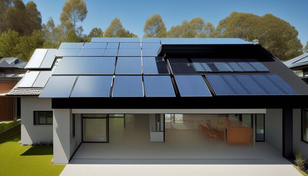 Nouvelle maison de banlieue avec un système photovoltaïque sur le toit maison passive moderne écologique avec si