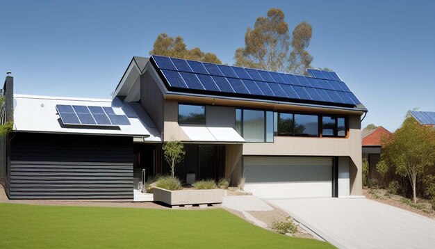 Nouvelle maison de banlieue avec un système photovoltaïque sur le toit maison passive moderne écologique avec si