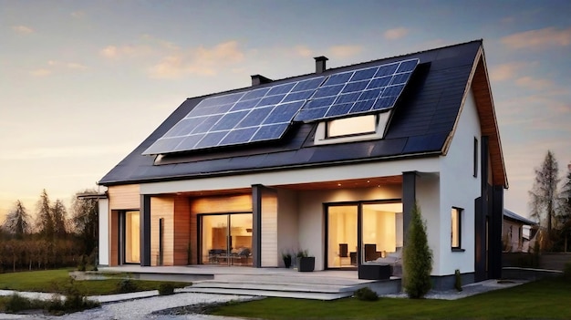 Nouvelle maison de banlieue avec un système photovoltaïque sur le toit Maison passive moderne et respectueuse de l'environnement
