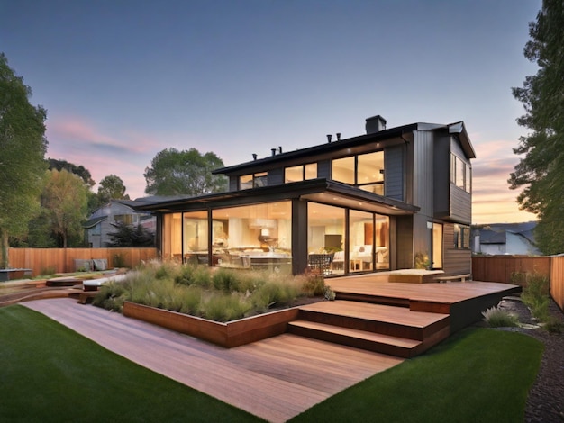 La nouvelle maison dispose d'une terrasse et d'une pelouse qui sont parfaites pour les divertissements en plein air.