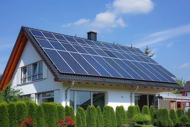 Une nouvelle maison écologique durable avec des panneaux solaires sur le toit sous un ciel lumineux