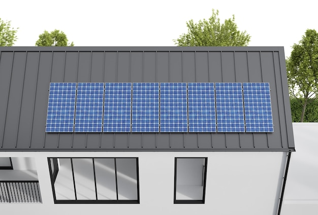 Nouvelle maison avec panneau solaire sur le toit rendu 3d d'un immeuble résidentiel sur fond blanc