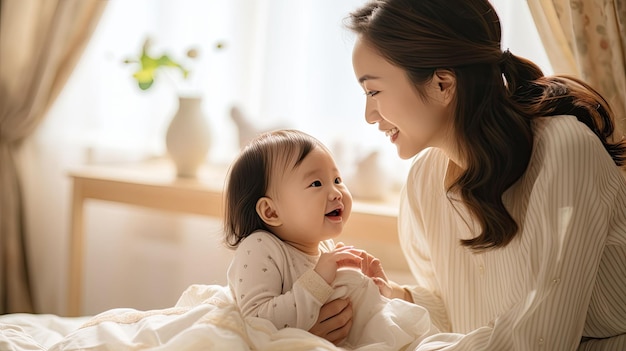 Nouvelle maman asiatique jouant avec un adorable nouveau-né sur le lit souriant et heureux à la maison