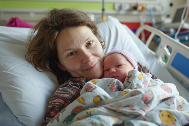 Photo une nouvelle mère serre son bébé dans un lit d'hôpital après l'accouchement