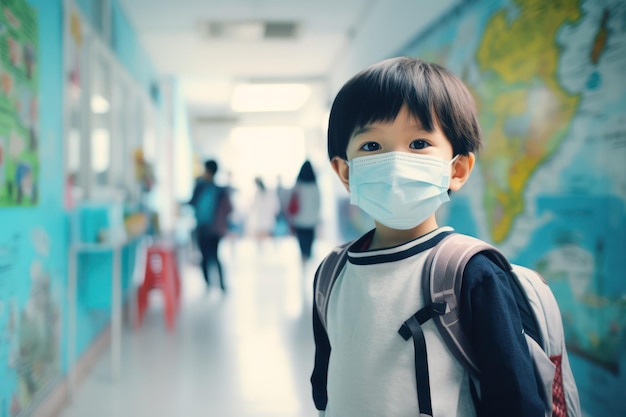 Nouvelle normalité dans l'éducation Écolier asiatique avec masque facial protecteur contre l'environnement d'apprentissage sûr COVID19