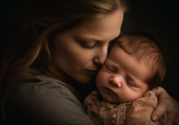 Nouvelle vie nouvelle mère d'amour embrassant le nouveau-né généré par l'IA