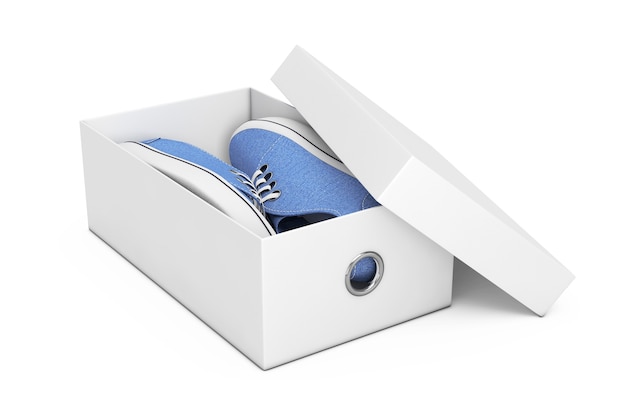 Nouvelles baskets en denim bleu sans marque sur une boîte à chaussures blanche sur fond blanc. Rendu 3D