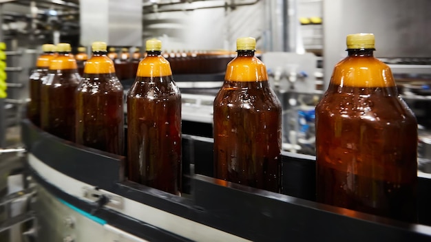 Les nouvelles bouteilles en plastique sur le tapis roulant de l'usine de bière potable Processus de fabrication de l'eau potable Shallow DOF Selective focus