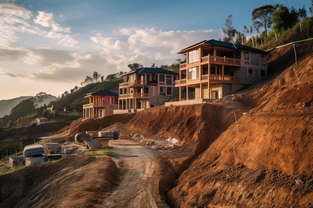 Nouvelles maisons en construction en terrain vallonné Generative AI