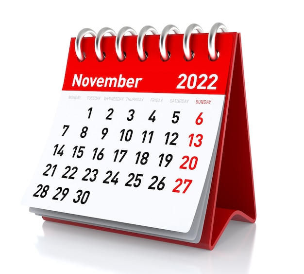 Novembre 2022 - Calendrier. Isolé sur fond blanc. Illustration 3D