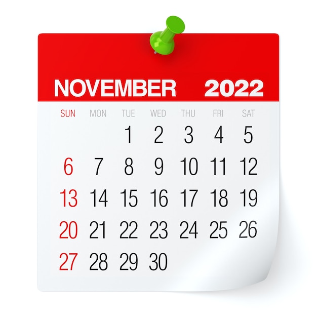 Novembre 2022 - Calendrier. Isolé sur fond blanc. Illustration 3D