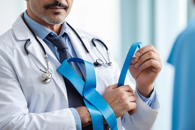 Novembre bleu mois de sensibilisation au cancer de la prostate Docteur avec ruban bleu à l'hôpital pour le soutien