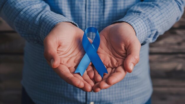 Novembre mois de sensibilisation au cancer de la prostate homme tenant un ruban bleu avec une moustache pour soutenir le peuple