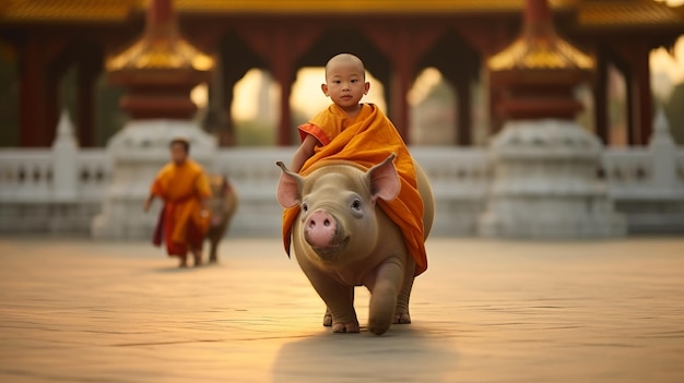 Novice en bouddhisme Il chevauchait joyeusement un cochon qui ressemblait à son ami