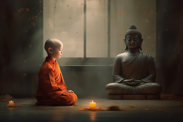 Les novices du temple sont assis en méditation derrière une grande image de Bouddha