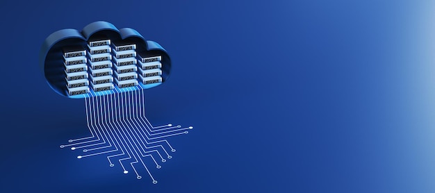 Nuage abstrait de circuit de salle de serveur sur fond bleu avec lieu de maquette Stockage de données et concept de base de données Rendu 3D