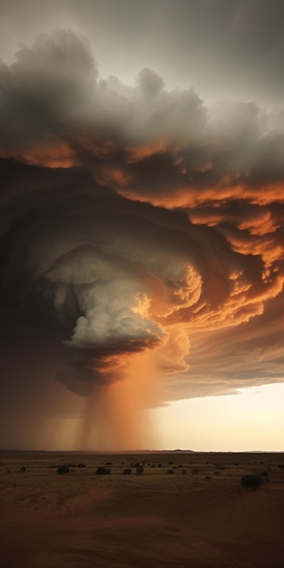 Photo nuage arafé au-dessus d'une plaine désertique avec un cheval au premier plan