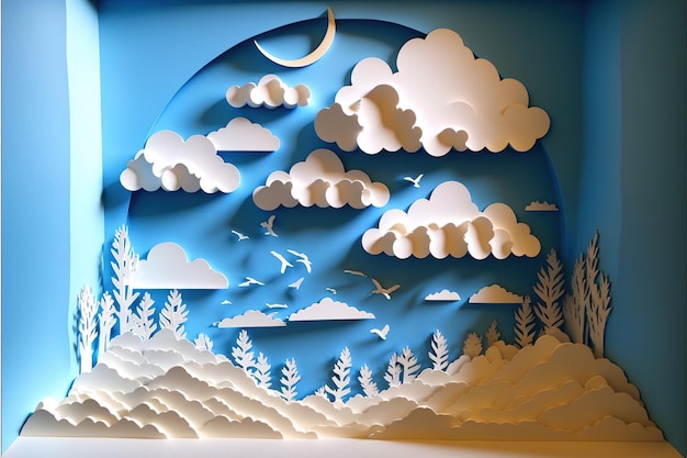 Nuage blanc avec arbre de ciel bleu sur fond de montagne au sol Fabriqué par AIIntelligence artificielle