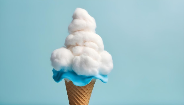 Nuage blanc et bleu en coton moelleux sur un cornet de glace sur fond bleu pastel