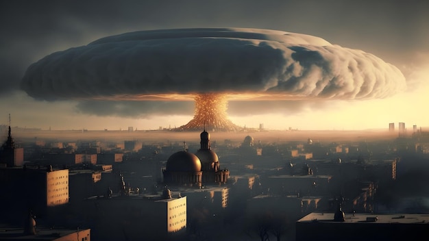 Nuage de champignon d'explosion nucléaire au-dessus de la ville russe à l'art généré par le réseau de neurones du matin