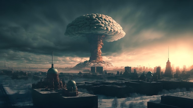 Nuage de champignon d'explosion nucléaire au-dessus de la ville russe au matin d'hiver art généré par le réseau de neurones