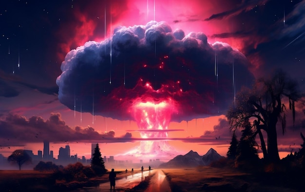 Le nuage de champignon futuriste avec une teinte rose