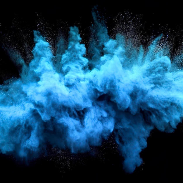 Nuage d'explosion de poudre bleue sur fond noir