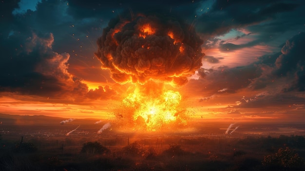 Un nuage en forme de champignon s'élève à la suite d'une explosion nucléaire, illustrant un événement grave et destructeur.