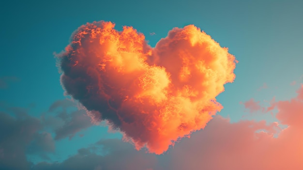 Un nuage hyperréaliste en forme de cœur vibrant au milieu d'un ciel bleu brillant les bords des nuages éclairés par la lumière dorée du coucher du soleil AI générative