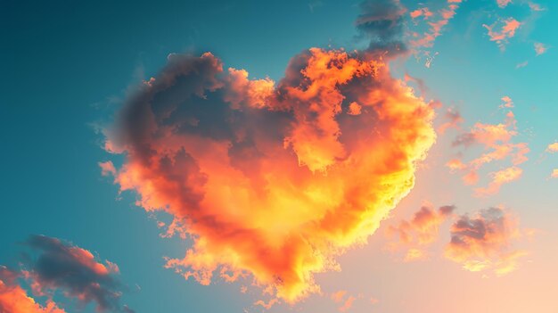 Un nuage hyperréaliste vibrant en forme de cœur au milieu d'un ciel bleu brillant les bords des nuages éclairés par la lumière dorée du coucher du soleil nuances de rose AI générative