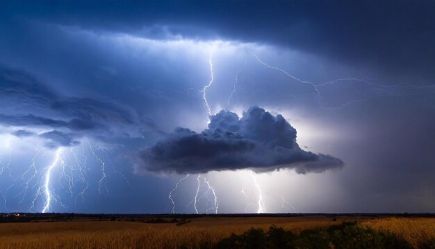 Nuage d'orage avec éclairs la nuit sur les champs ruraux