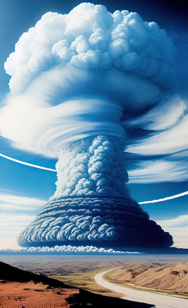 Un nuage d'orage en forme de nuage bleu et blanc est montré dans cette peinture.