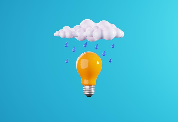 Nuage et pluie flottant au-dessus de l'ampoule jaune sur fond bleu idée créative de concept minimal 3D