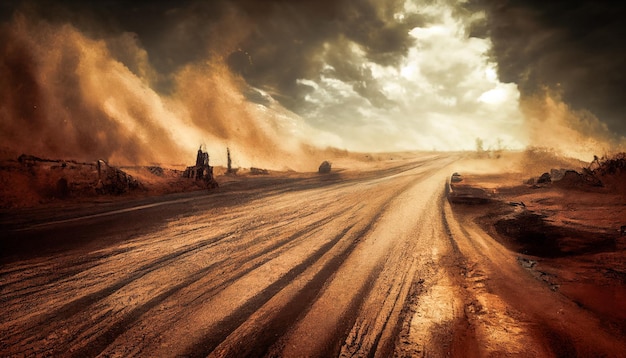 Nuage de sable de poussière sur une route poussiéreuse Sentier de dispersion sur la voie d'un mouvement rapide Illustration numérique