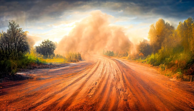 Nuage de sable de poussière sur une route poussiéreuse Sentier de dispersion sur la voie d'un mouvement rapide Illustration numérique