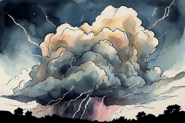 Photo nuage, tonnerre et éclair à l'aquarelle à l'encre dessinée à la main