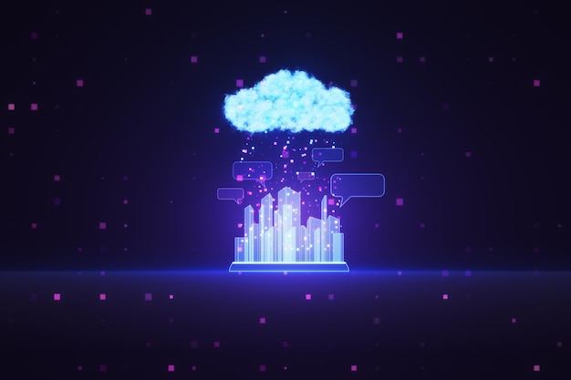 Nuage urbain brillant et hologramme de communication de la ville sur fond de technologie bleue floue Ville intelligente et concept IOT Rendu 3D